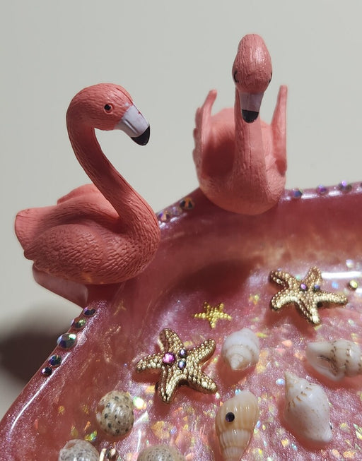 Flamingos on a Half Shell Jewelry Tray - MyTreasureShopBySue