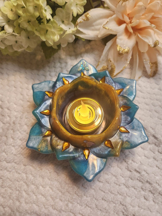 Blue and Gold Lotus Blossom Votive Candle Holder - MyTreasureShopBySue