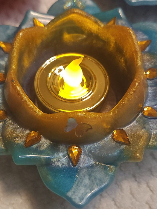 Blue and Gold Lotus Blossom Votive Candle Holder - MyTreasureShopBySue